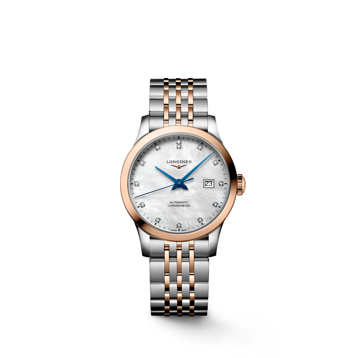 Record 30.00 mm White mother-of-pearl Stainless steel and rose gold 18 carats cap 200 L23215877 L2.321.5.87.7 front view
