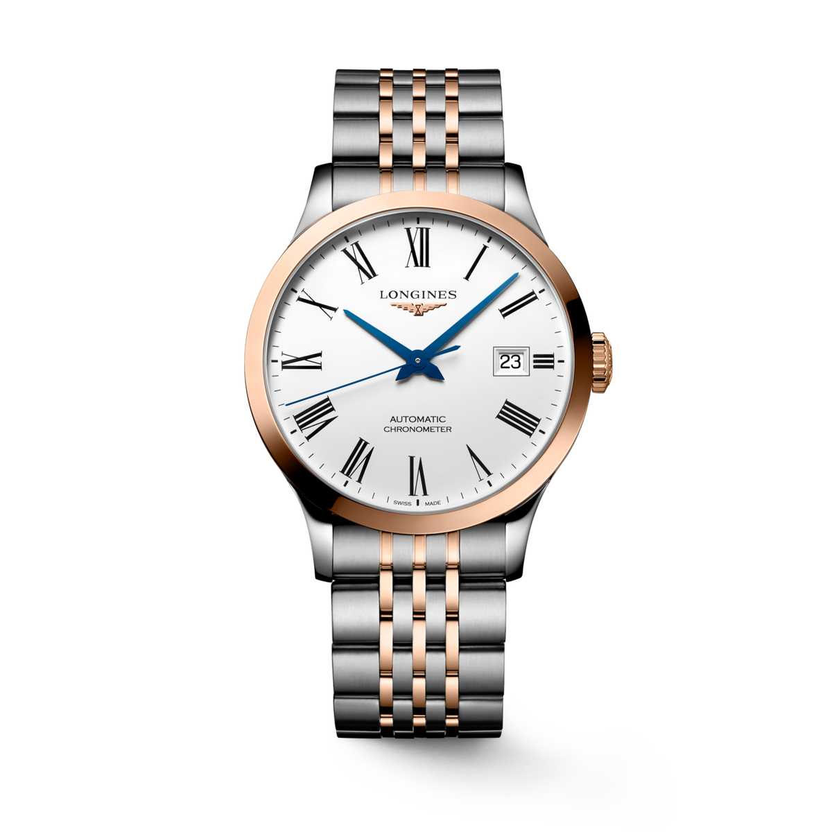 Record 38.50 mm White matt Stainless steel and rose gold 18 carats cap 200 L28205117 L2.820.5.11.7 front view