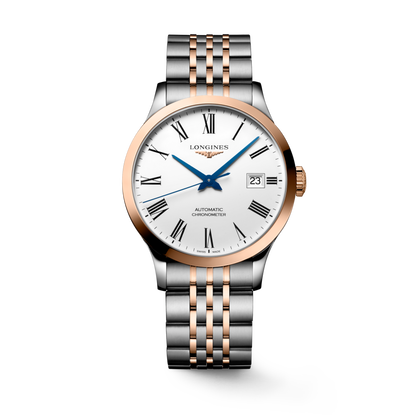 Record 38.50 mm White matt Stainless steel and rose gold 18 carats cap 200 L28205117 L2.820.5.11.7 front view