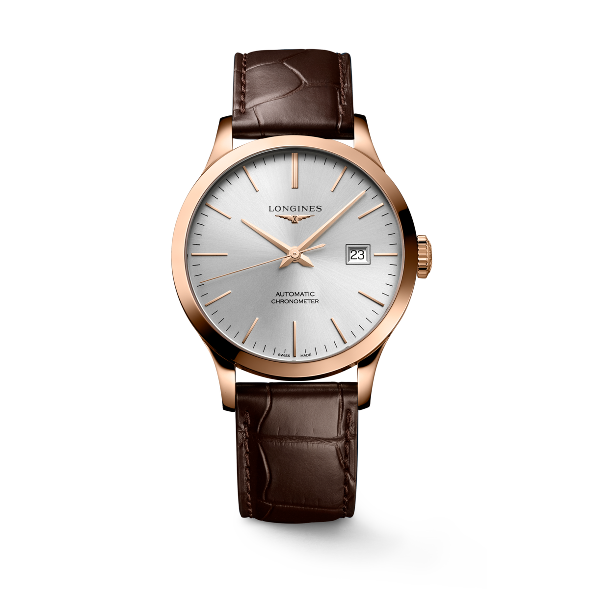 Record 38.50 mm Sunray silver Rose gold 18 carats L28208722 L2.820.8.72.2 front view