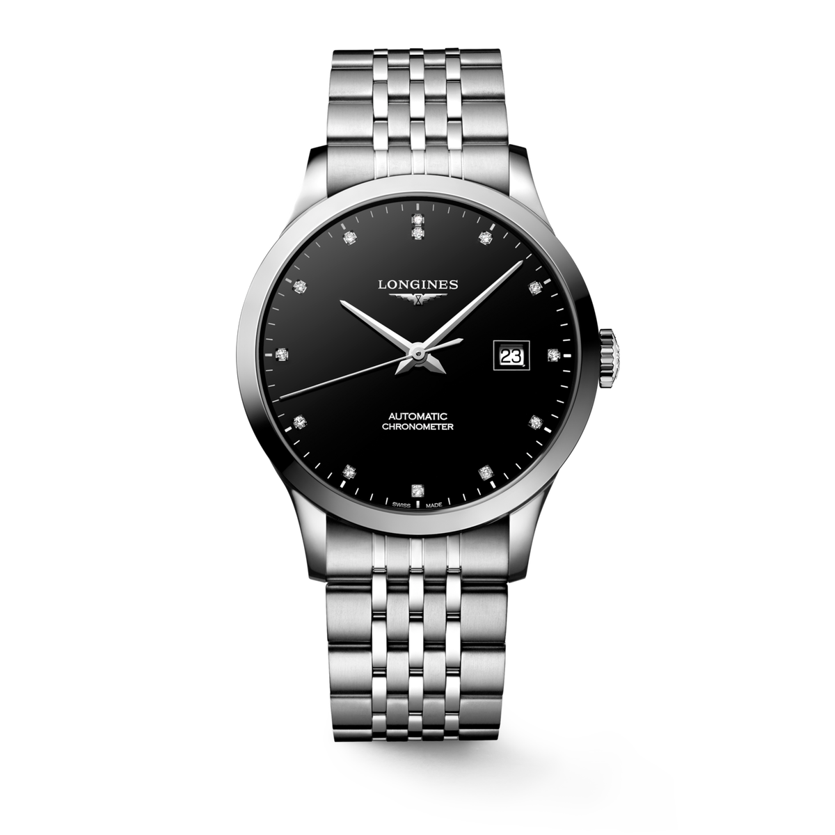 Record 40.00 mm Black lacquered polished Stainless steel L28214576 L2.821.4.57.6 front view