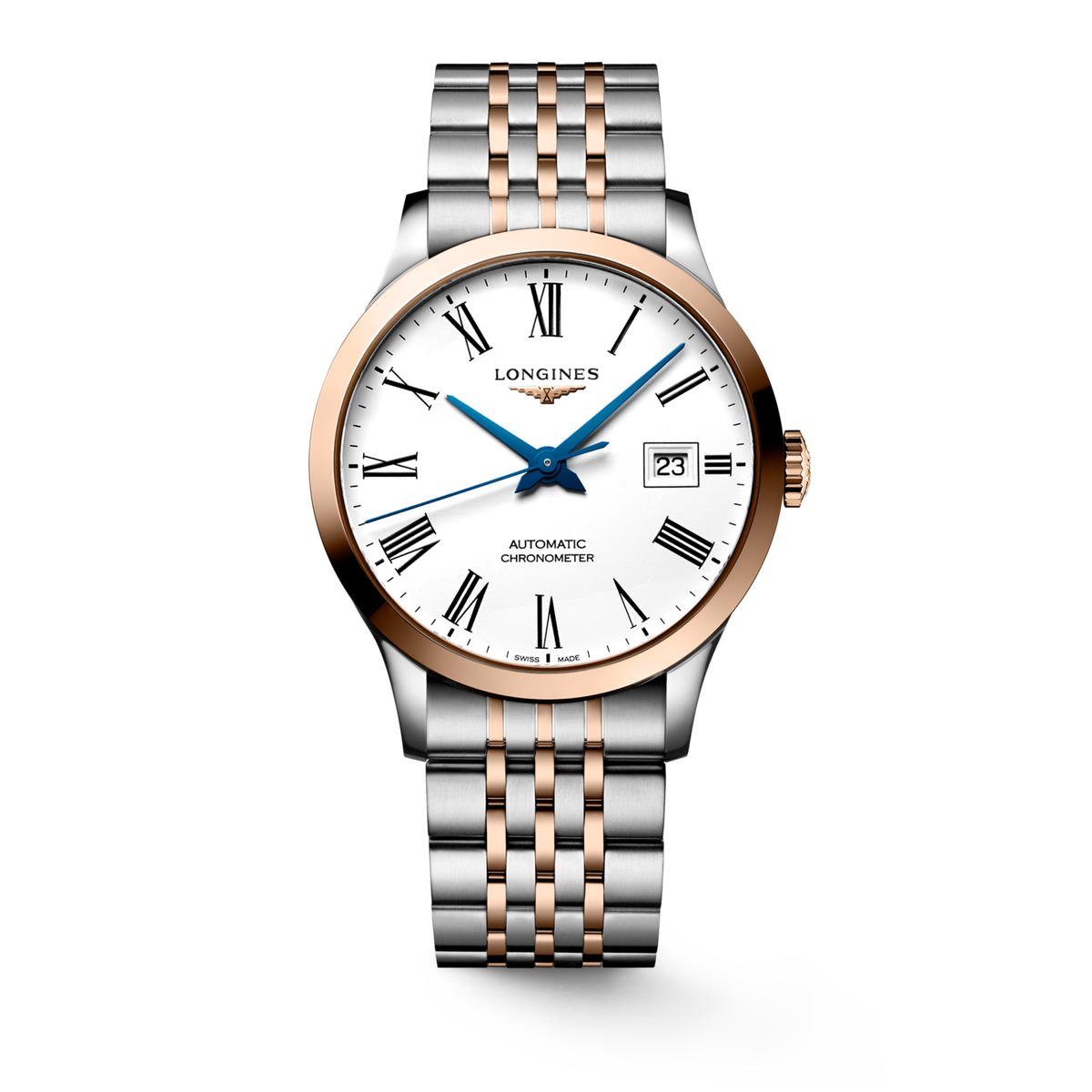 Record 40.00 mm White matt Stainless steel and rose gold 18 carats cap 200 L28215117 L2.821.5.11.7 front view