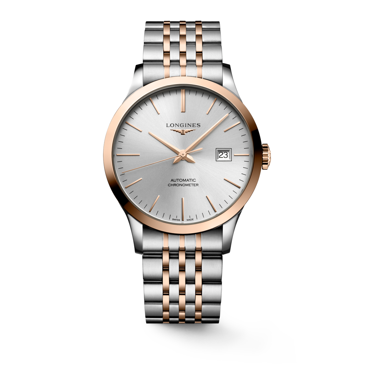 Record 40.00 mm Sunray silver Stainless steel and rose gold 18 carats cap 200 L28215727 L2.821.5.72.7 front view