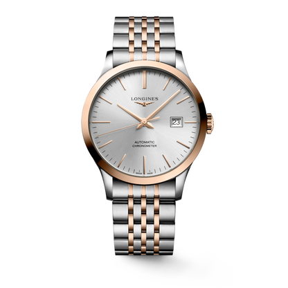 Record 40.00 mm Sunray silver Stainless steel and rose gold 18 carats cap 200 L28215727 L2.821.5.72.7 front view