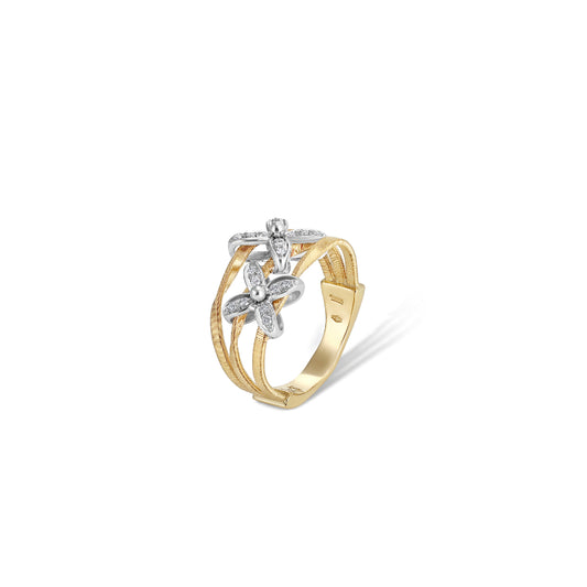 Marco Bicego Marrakech Onde Collection 18K Yellow and White Gold Ring with Two Diamond Flowers