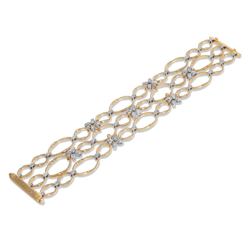 Marco Bicego Marrakech Onde Collection 18K Yellow and White Gold Flat Link Three Row Bracelet with Diamond Flowers