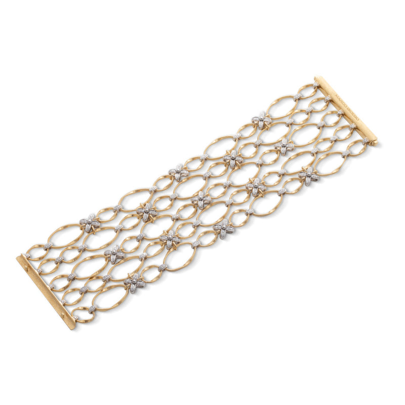 Marco Bicego Marrakech Onde Collection 18K Yellow and White Gold Flat Link Five Row Bracelet with Diamond Flowers