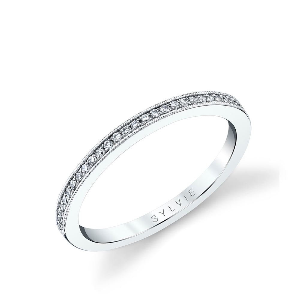 Thin Channel Set Wedding Band - Esmeralda 14k Gold White