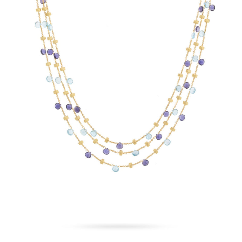 Marco Bicego Paradise Collection 18K Yellow Gold Iolite and Blue Topaz Three Strand Collar Necklace