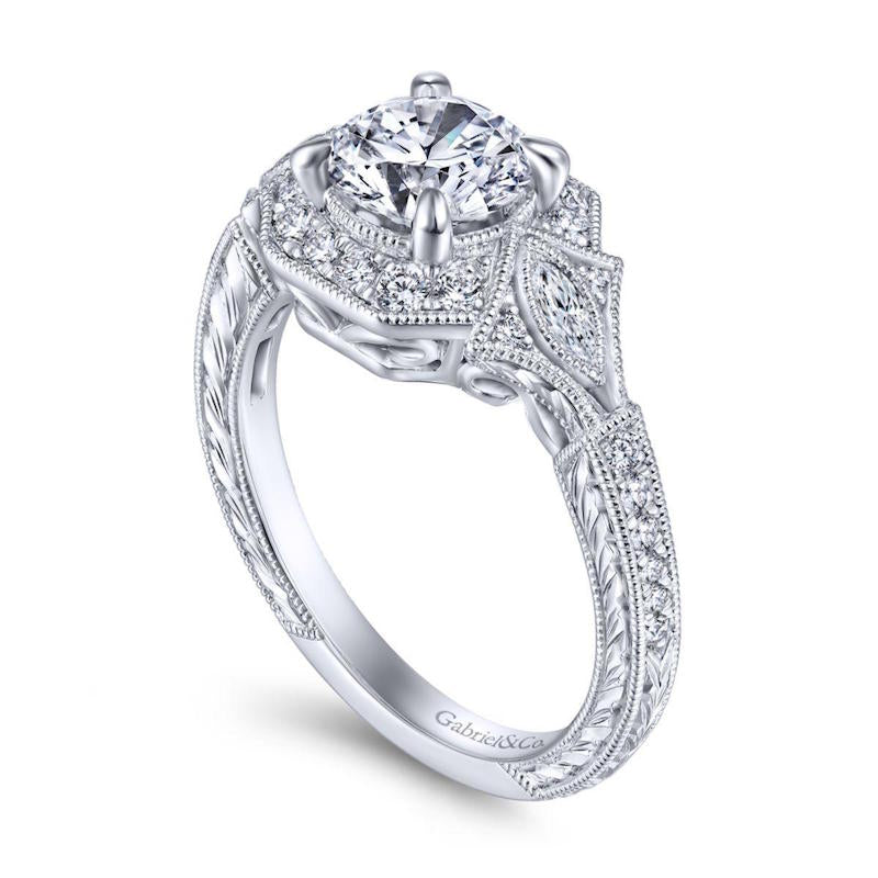 Gabriel & Co. 14k White Gold Art Deco Halo Engagement Ring