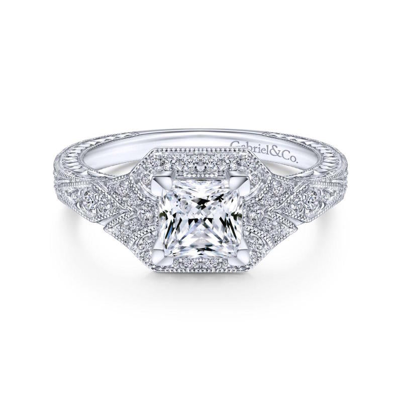 Gabriel & Co. 14k White Gold Art Deco Halo Engagement Ring