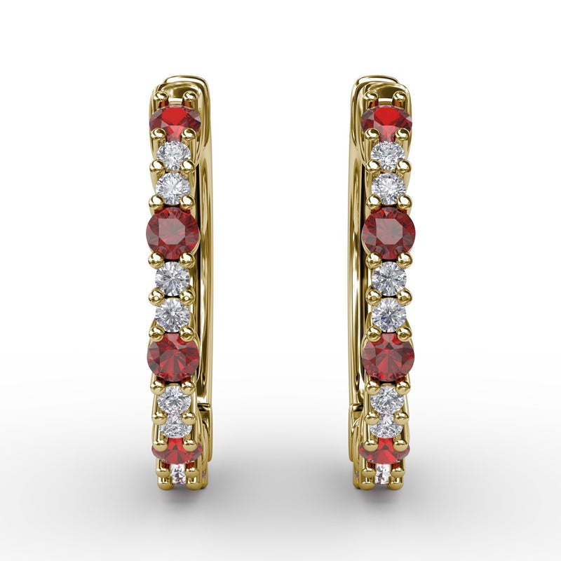 Fana Shared Prong Ruby and Diamond Hoops