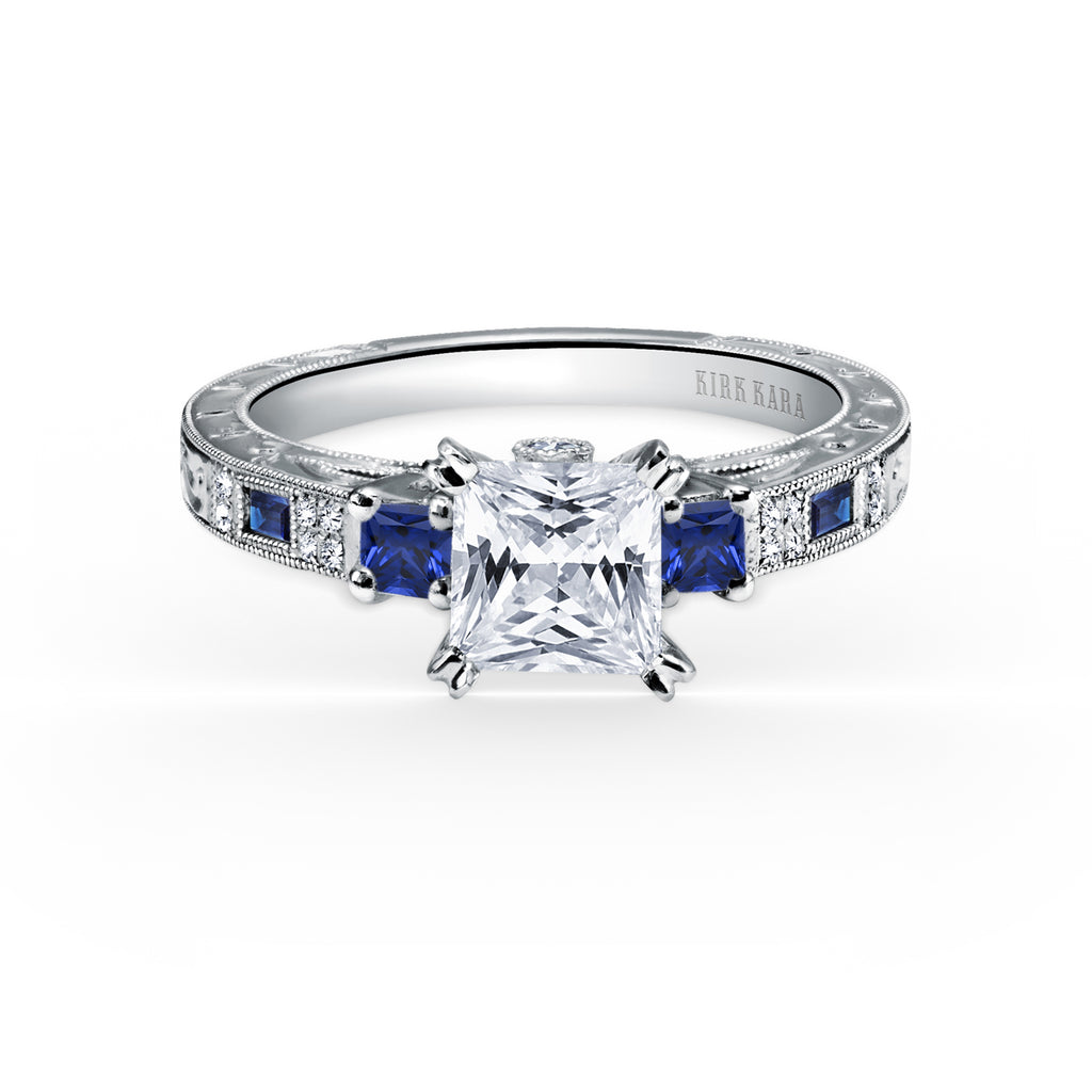 Kirk Kara CHARLOTTE 3 Stone Engagement Rings 18k Gold White 14DR .06 2 BLUE SAPP 3-STONE RING