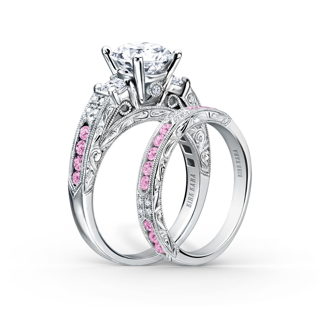 Kirk Kara CHARLOTTE 3 Stone Engagement Rings 18k Gold White 10DR 0.06 2DR .32 8 PINK SAP 3-STONE CHANNEL RING