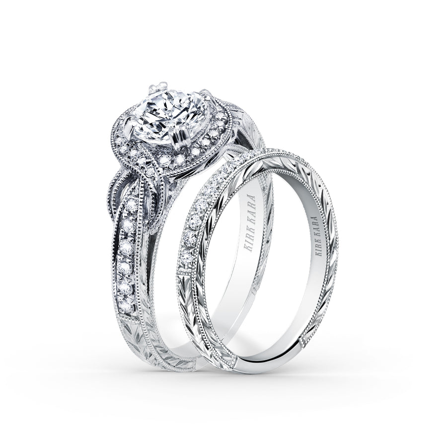 Kirk Kara PIROUETTA Twisted Engagement Rings 18k Gold White 36DR .23 TWIST HALO RING HAND ENGRAVED