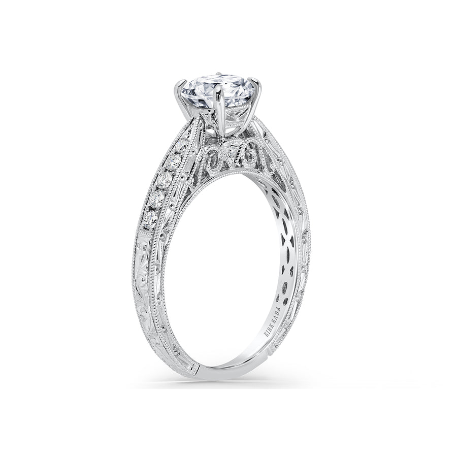 Kirk Kara STELLA Diamond Engagement Rings 18k Gold White 12DR 0.18CT DIAMOND SCROLL HAND ENGRAVED RING