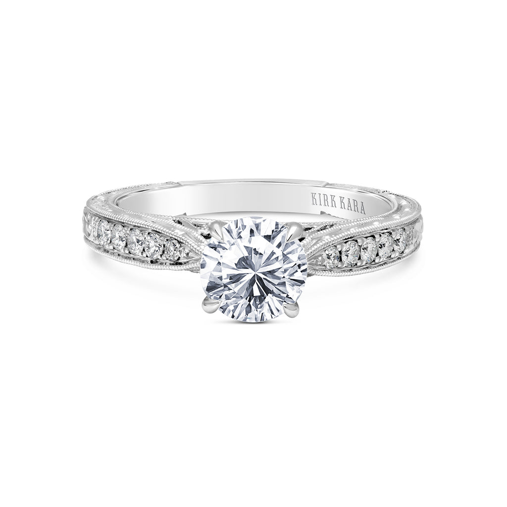 Kirk Kara STELLA Diamond Engagement Rings 18k Gold White 12DR 0.18CT DIAMOND SCROLL HAND ENGRAVED RING