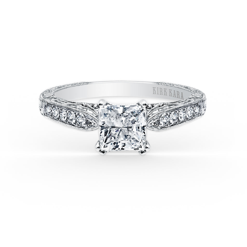 Kirk Kara STELLA Diamond Engagement Rings 18k Gold White 12DR 0.18CT DIAMOND SCROLL HAND ENGRAVED RING