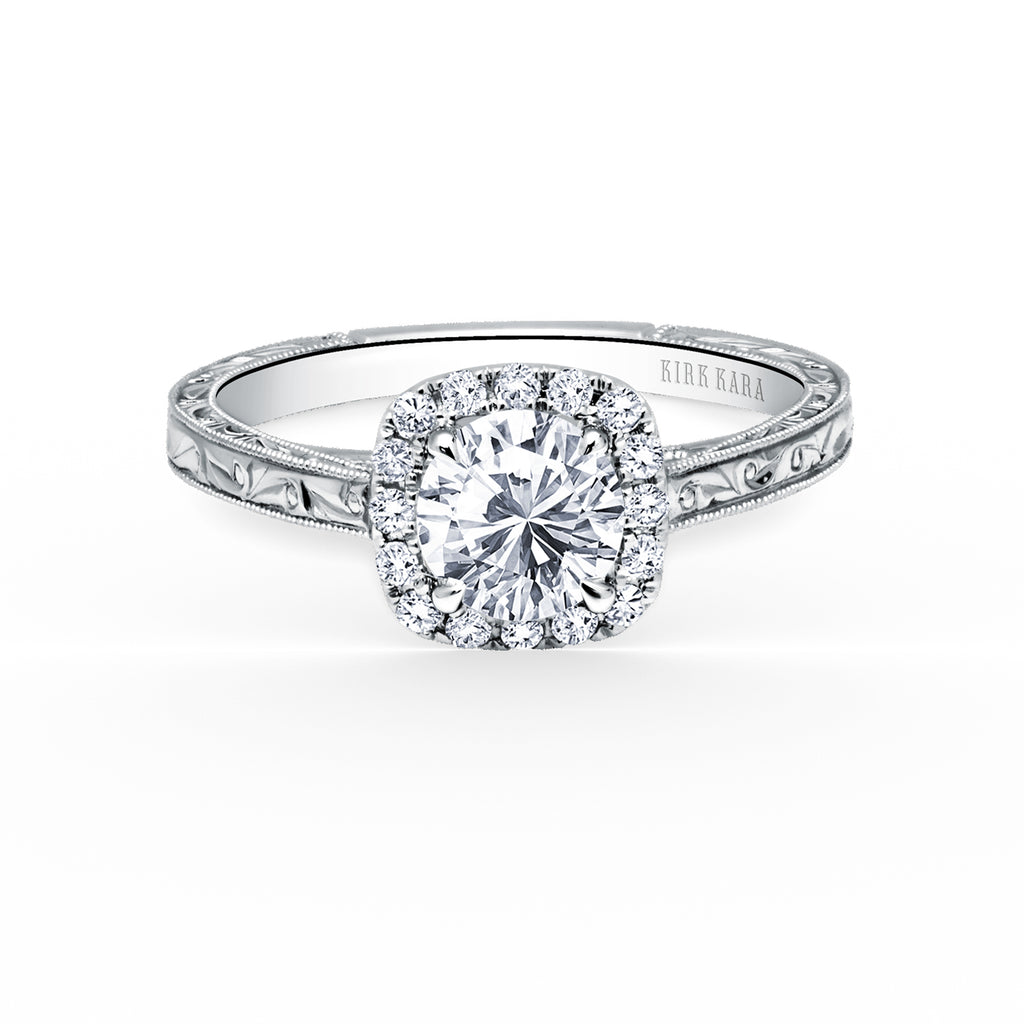 Kirk Kara CARMELLA halo Engagement Rings 18k Gold White 18DR 0.17 HALO RING WITH HAND ENGRAVED