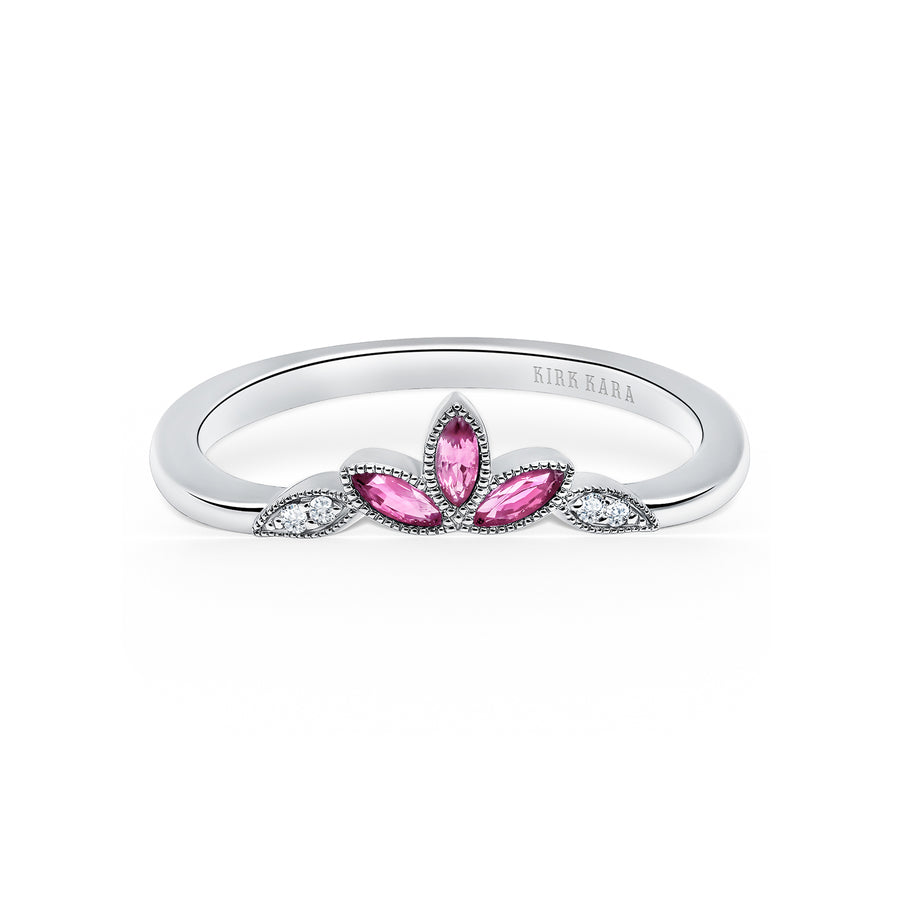 Kirk Kara DAHLIA Gemstone Wedding Bands 18k Gold White 4DR 0.02CT 3 PINK SAP MARQ CONTOURED BAND