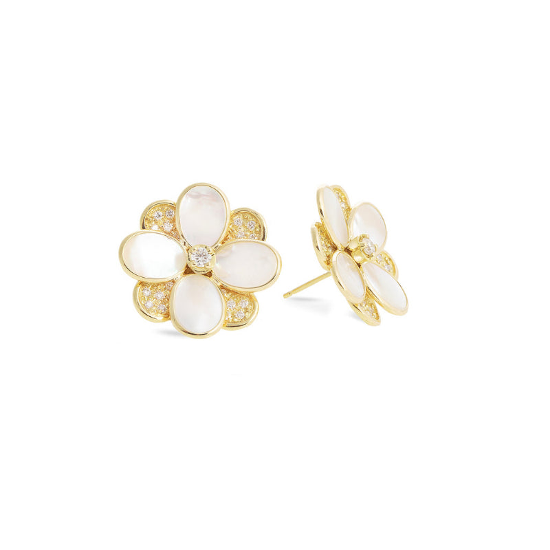 Marco Bicego Petali Collection 18K Yellow Gold White Mother of Pearl and Diamond Flower Stud Earrings