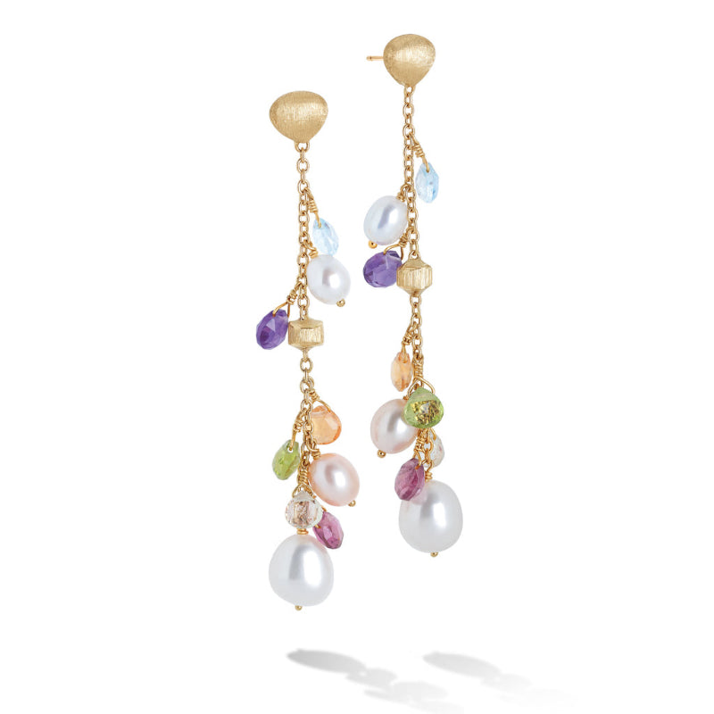 Marco Bicego Paradise Collection 18K Yellow Gold Mixed Gemstone and Pearl Long Drop Earrings