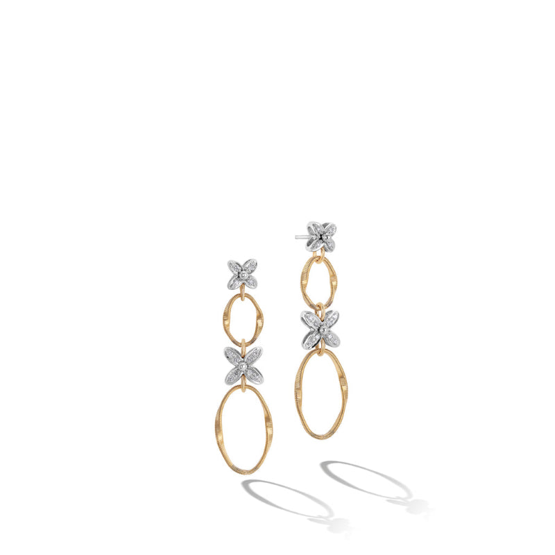 Marco Bicego Marrakech Onde Collection 18K Yellow and White Gold Double Drop Earrings with Diamond Flowers