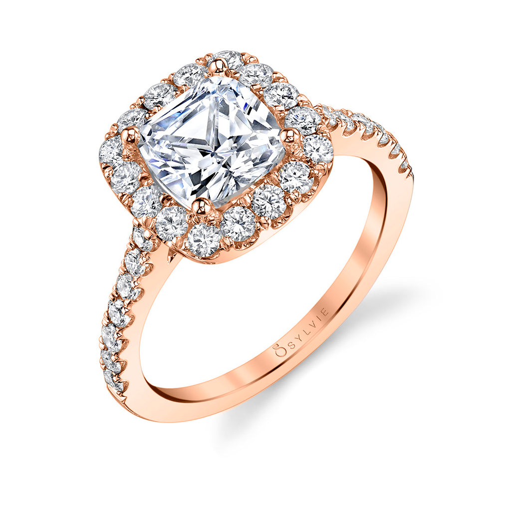 Cushion Cut Classic Halo Engagement Ring - Jacalyn 14k Gold Rose