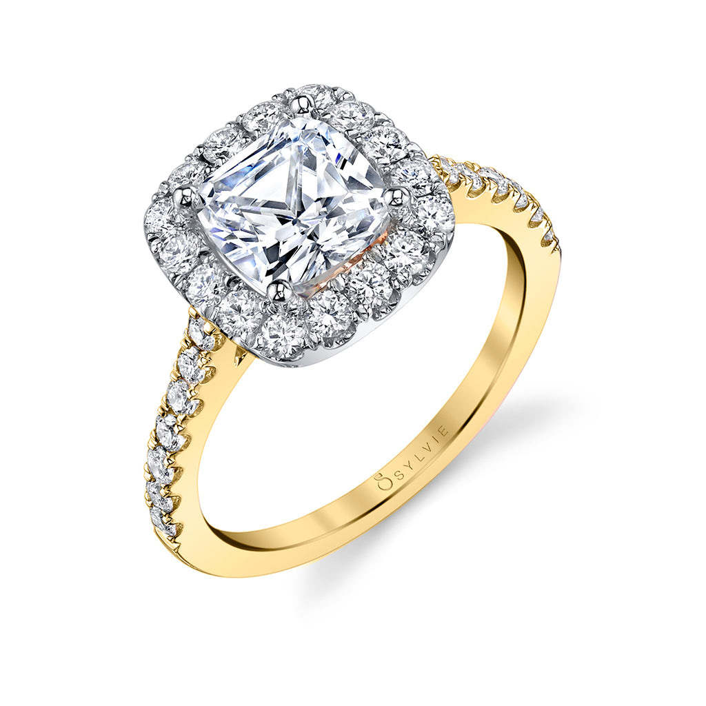 Cushion Cut Two Tone Classic Halo Engagement Ring - Jacalyn 14k Gold Yellow