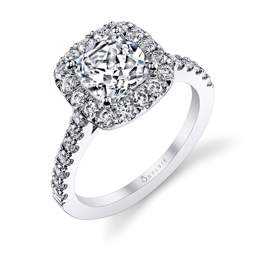 Cushion Cut Classic Halo Engagement Ring - Jacalyn Platinum White