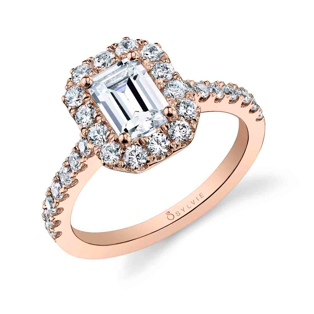 Emerald Cut Classic Halo Engagement Ring - Jacalyn 18k Gold Rose