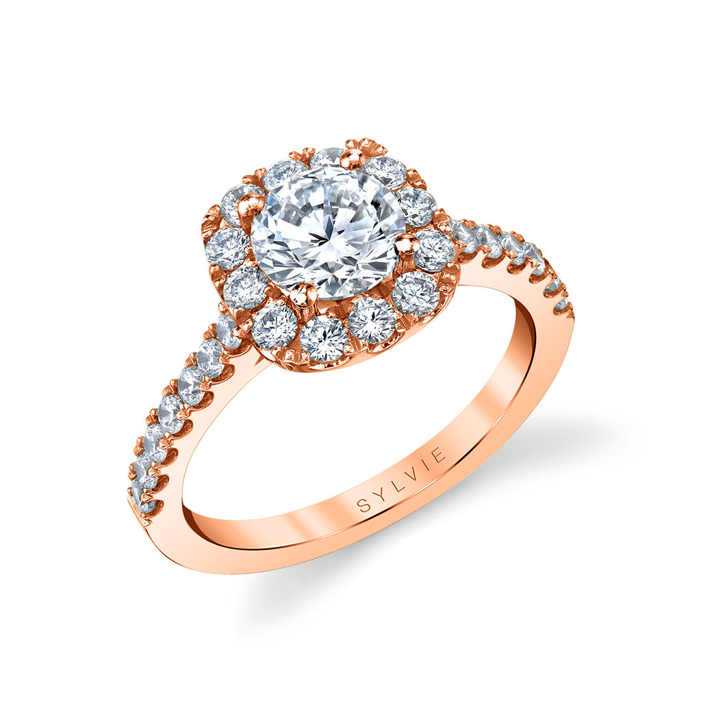 Round Cushion Cut Classic Halo Engagement Ring - Jacalyn 14k Gold Rose