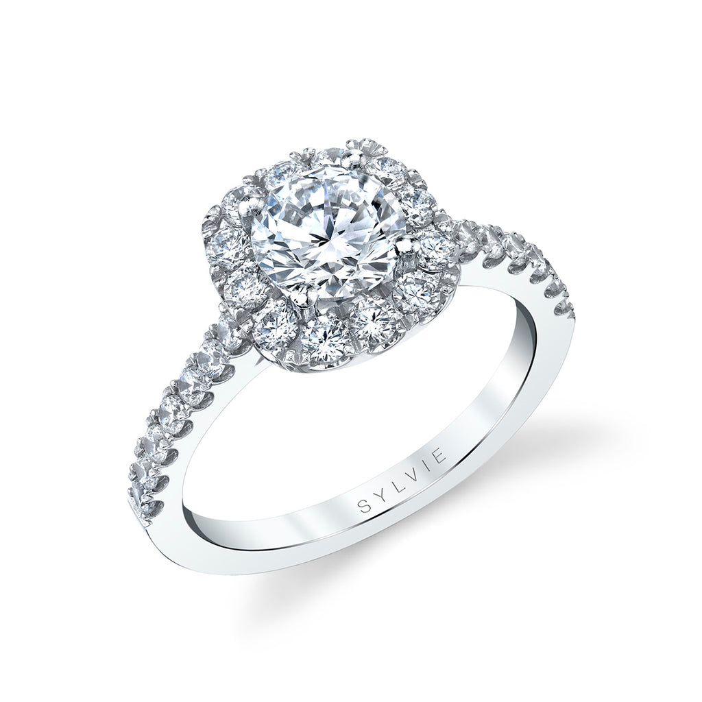 Round Cushion Cut Classic Halo Engagement Ring - Jacalyn Platinum White