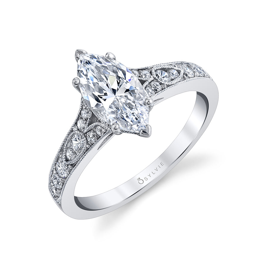 Marquise Cut Vintage Inspired Engagement Ring - Chereen Platinum White