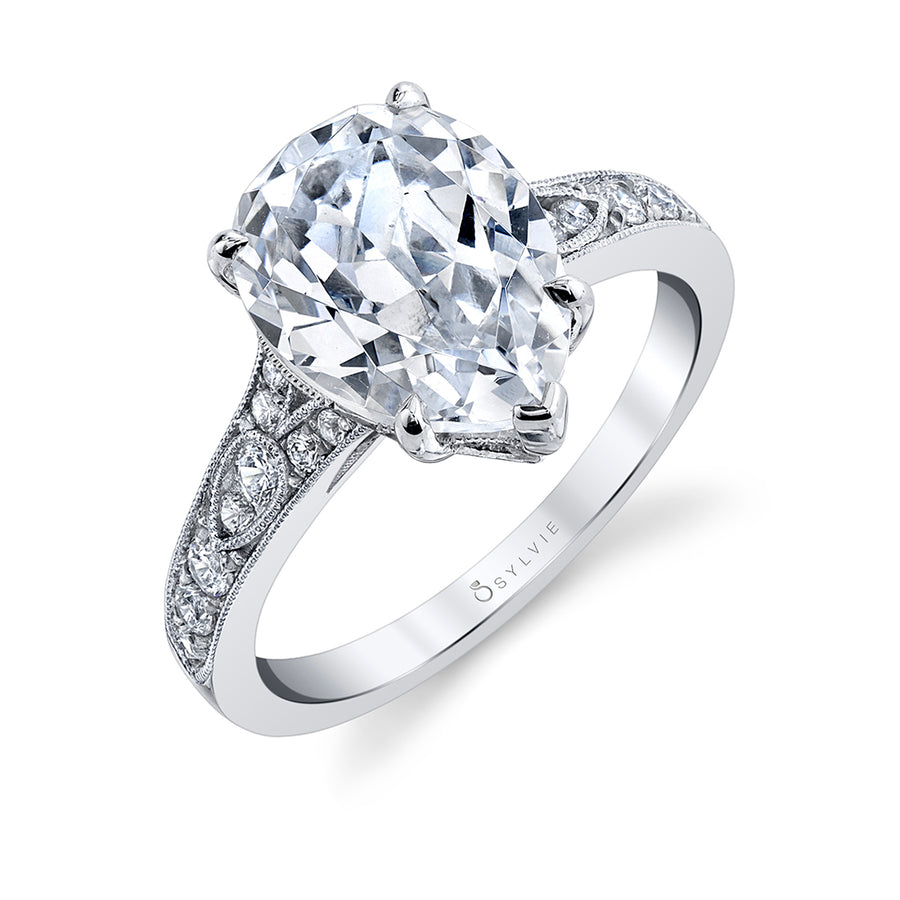 Pear Shaped Vintage Inspired Engagement Ring - Chereen Platinum White