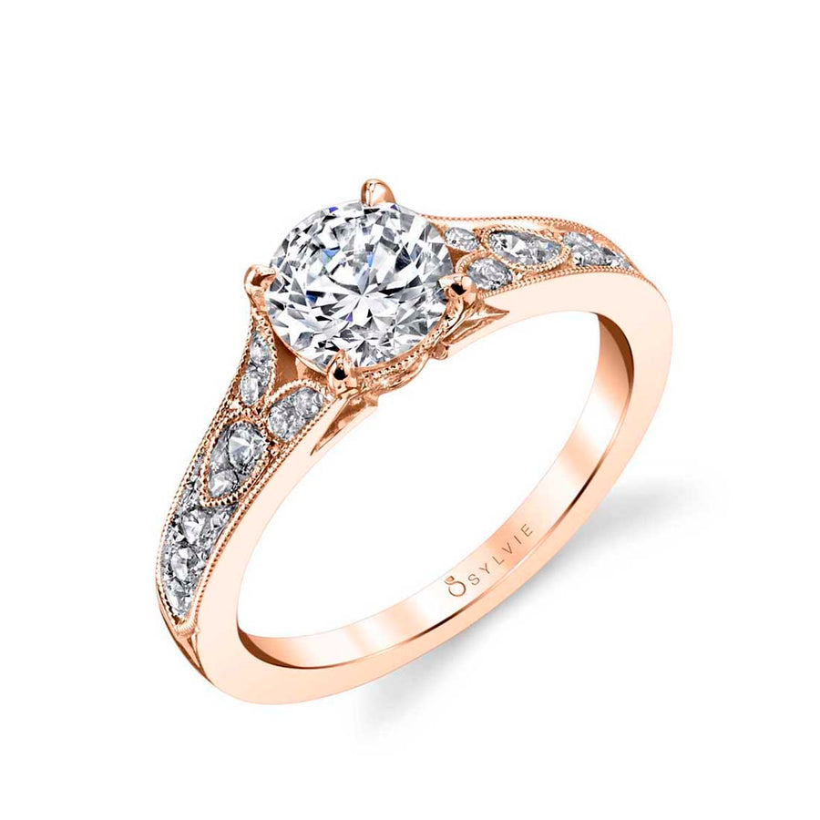 Round Cut Vintage Inspired Engagement Ring - Chereen 14k Gold Rose