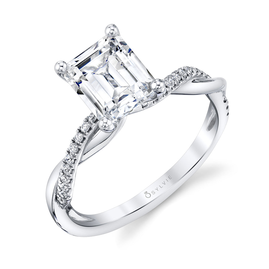 Emerald Cut Diamond Spiral Engagement Ring - Yasmine 18k Gold White