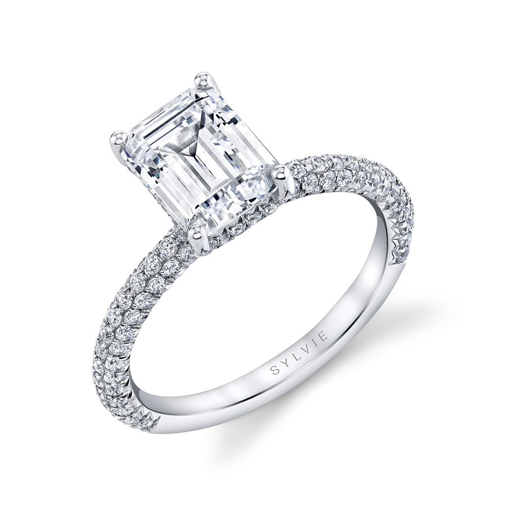 Emerald Cut Classic Pave Engagement Ring - Jayla 14k Gold White