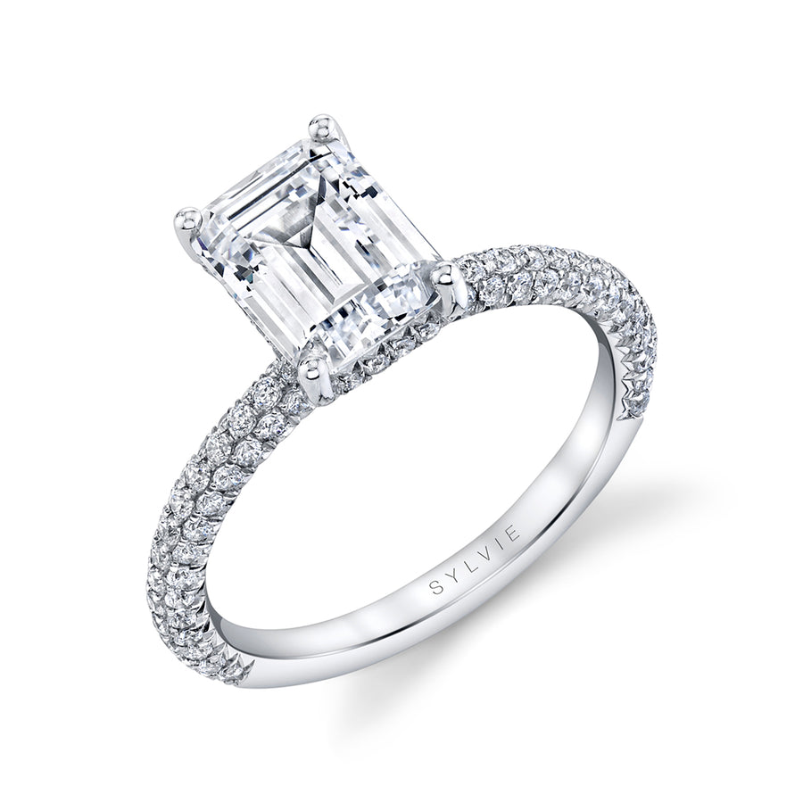 Emerald Cut Classic Pave Engagement Ring - Jayla Platinum White