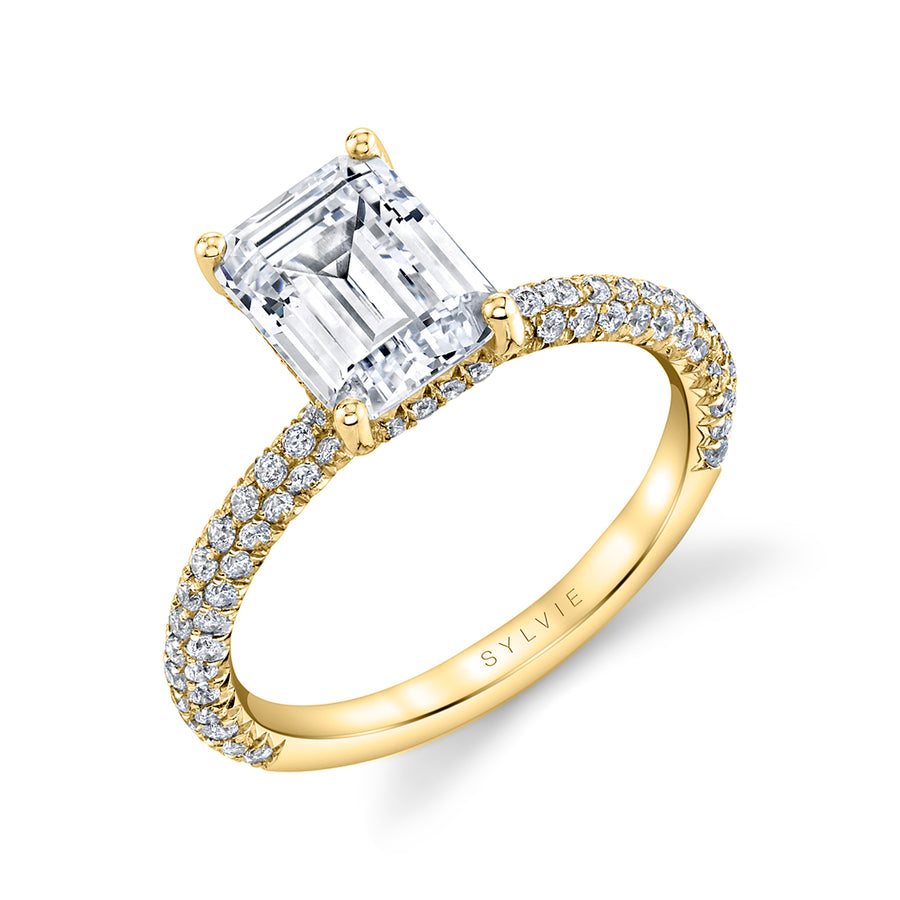 Emerald Cut Classic Pave Engagement Ring - Jayla 14k Gold Yellow