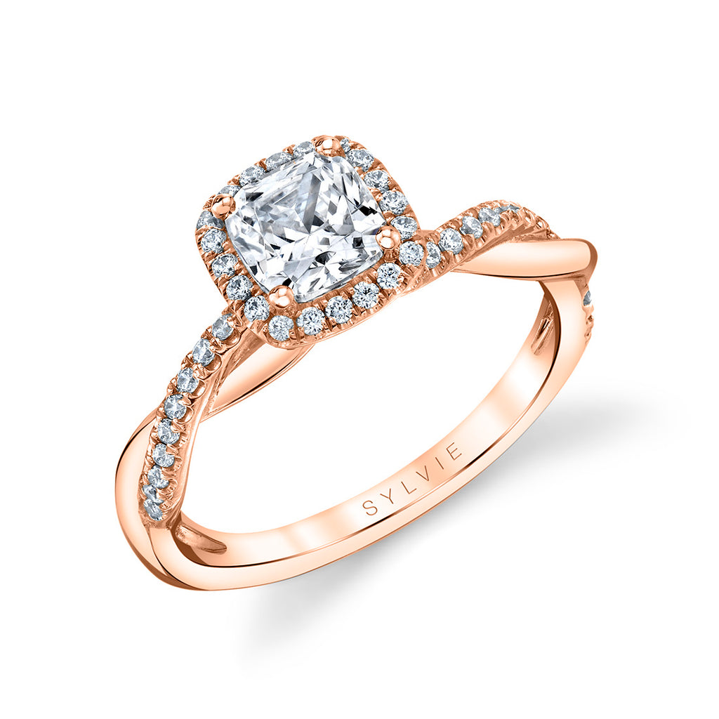 Cushion Cut Modern Halo Diamond Spiral Engagement Ring - Coralie 18k Gold Rose