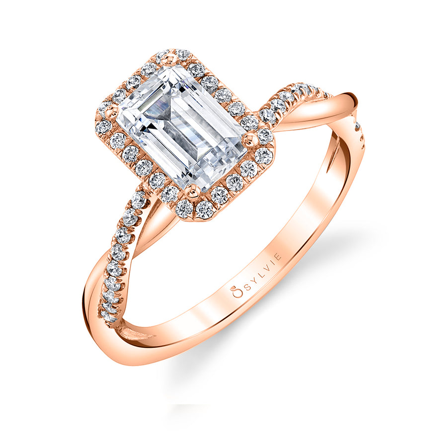 Emerald Cut Modern Halo Diamond Spiral Engagement Ring - Coralie 14k Gold Rose