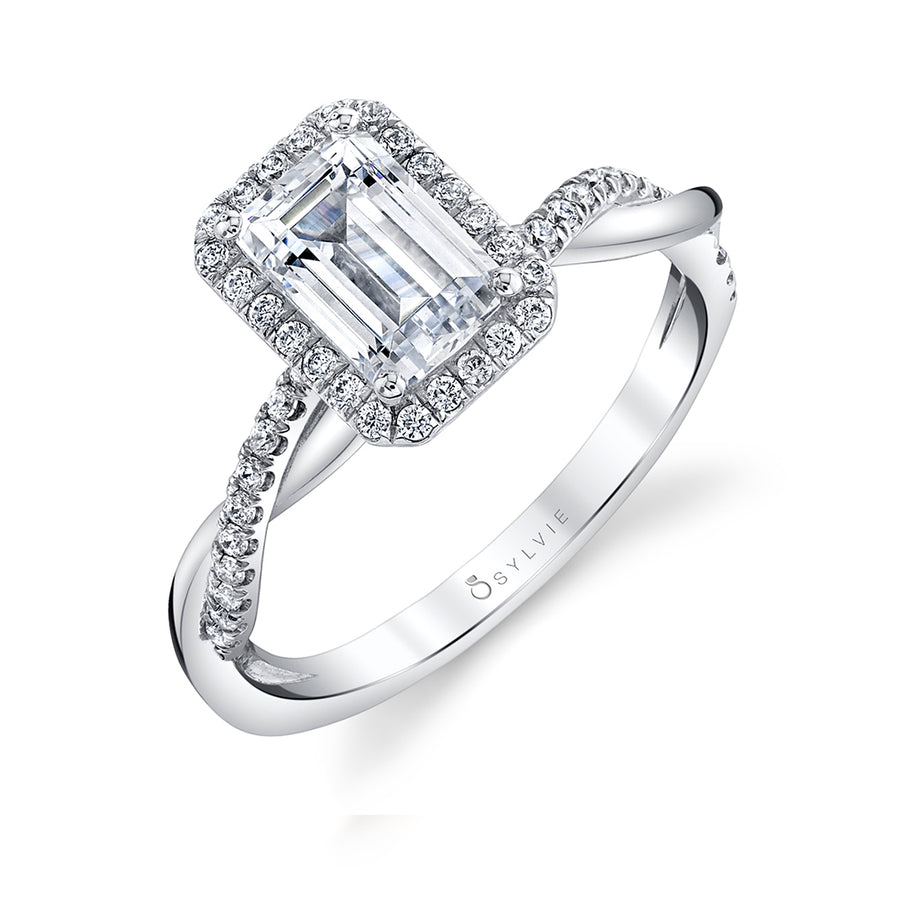 Emerald Cut Modern Halo Diamond Spiral Engagement Ring - Coralie 14k Gold White