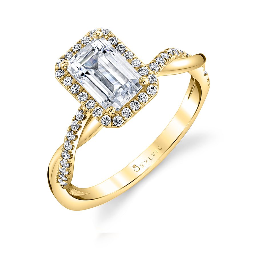 Emerald Cut Modern Halo Diamond Spiral Engagement Ring - Coralie 14k Gold Yellow