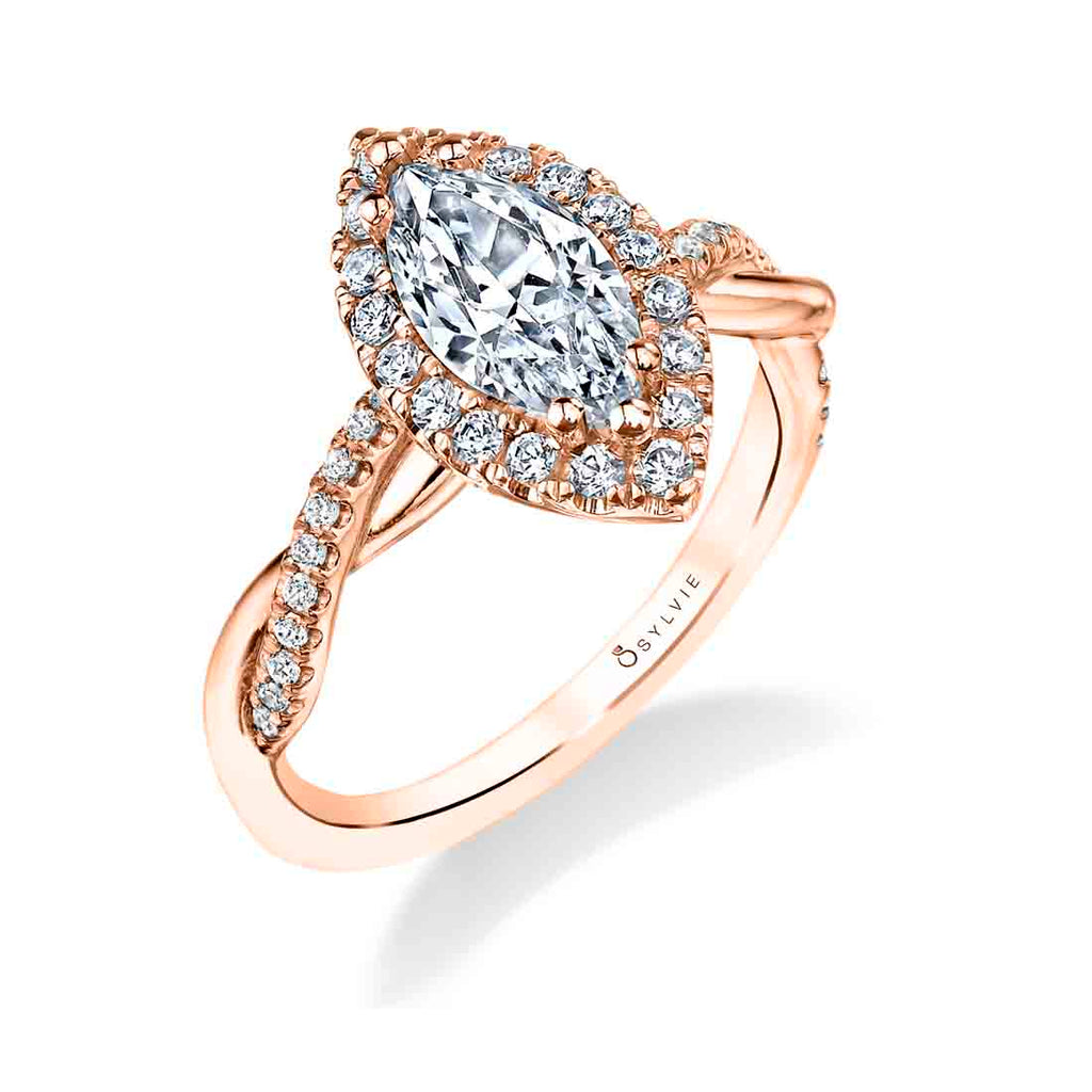Marquise Cut Modern Halo Diamond Spiral Engagement Ring - Coralie 18k Gold Rose