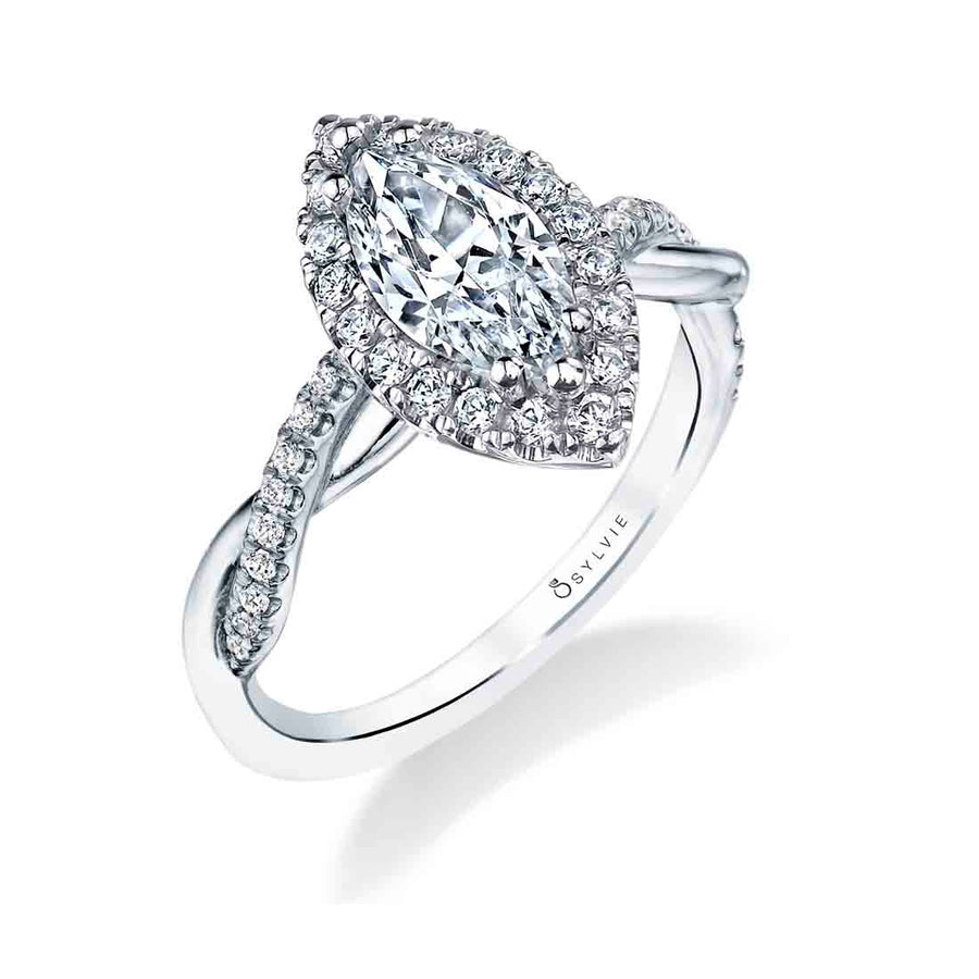 Marquise Cut Modern Halo Diamond Spiral Engagement Ring - Coralie 18k Gold White