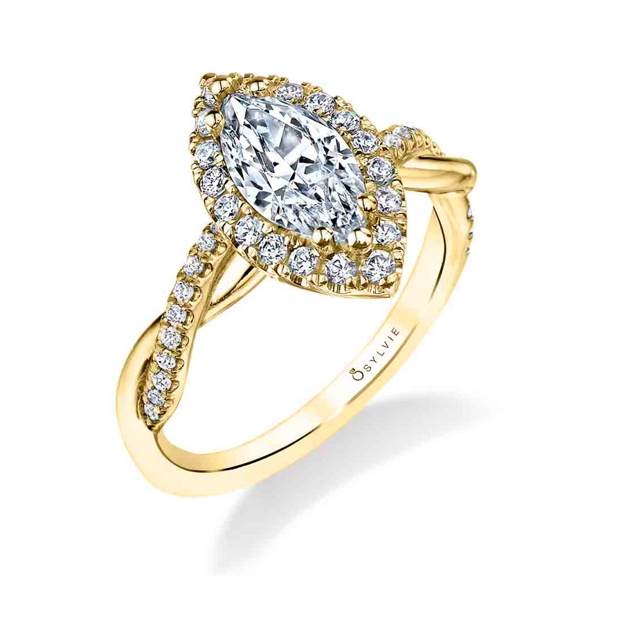 Marquise Cut Modern Halo Diamond Spiral Engagement Ring - Coralie 14k Gold Yellow
