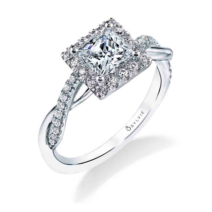 Princess Cut Modern Halo Diamond Spiral Engagement Ring - Coralie 14k Gold White