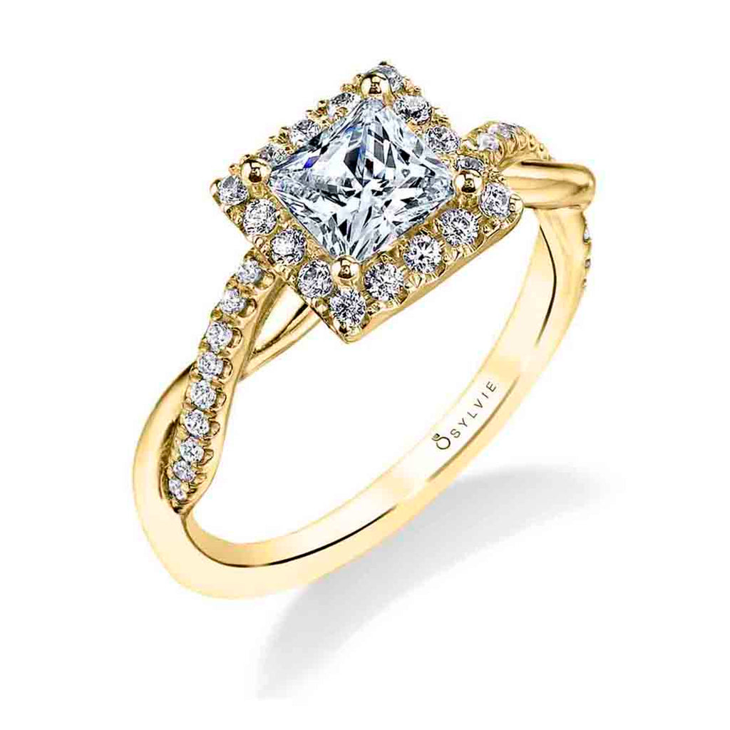Princess Cut Modern Halo Diamond Spiral Engagement Ring - Coralie 14k Gold Yellow