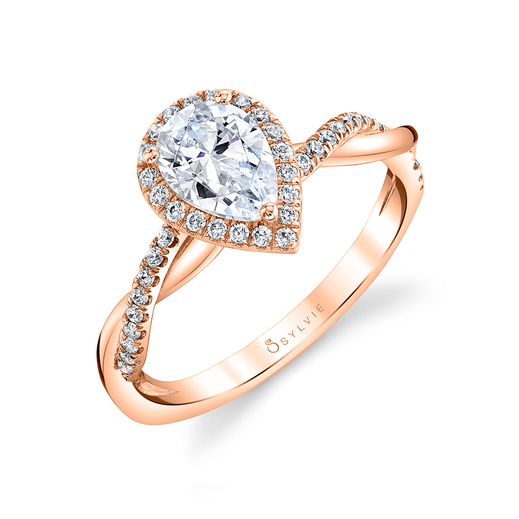 Pear Shaped Modern Halo Diamond Spiral Engagement Ring - Coralie 18k Gold Rose